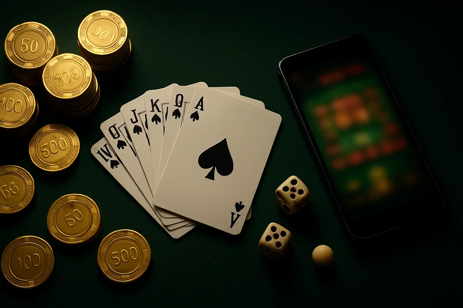 Top-down casino table with gold chips, cards, dice, roulette ball, smartphone